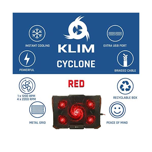 KLIM-Cyclone-Laptop-Cooling-Stand-Maximal-Cooling-XL-Laptop-Stand-With-5-Cooling-Fans-Compatible-Gaming-Laptop-Cooling-Pad-Red-New-2021-Version KLIM Cyclone Laptop Cooling Pad - NEW 2023-5 Fans Cooler - No More Overheating - Increases PC Performance and Life…