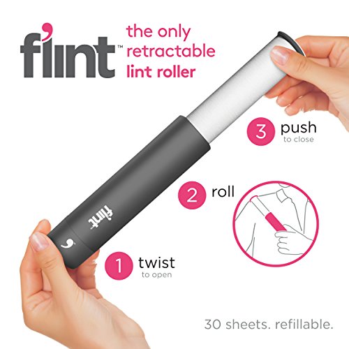 Flint Reusable Lint Roller, Retracts to Protect Adhesive Sheets for Prolonged Use, Metallic Slate Gray