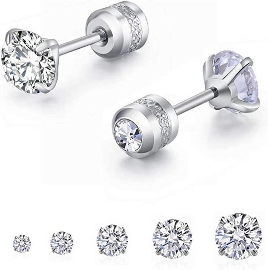5 Pairs Stud Earrings Set,Hypoallergenic Double Round Cubic Zirconia Stainless Steel Earrings CZ 2-6mm Men,Women,Boys & Girls