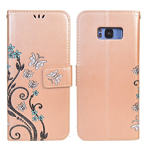 MEIRISHUN Fashion Floral Butterfly Embossed PU Leather Magnetic Flip Cover Card Holders Hand Strap protection case for Samsung Galaxy S8+ - Gold