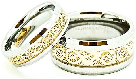 Matching 6mm &amp; 10mm Tungsten Golden Colored Celtic Dragon Inlay Wedding Rings (Check listing for sizes)