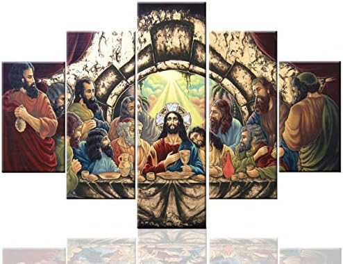Fankiko Jesus Framed Picture Last Supper Wall Decor Art Work Home Walls Paintings Pictures 5 Pcs Canvas Home Decor Living Room Giclee Artwork Gallery-wrapped Stretched Ready to Hang(60''Wx40''H)