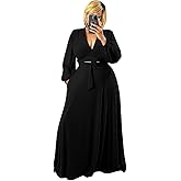 Plus Size Women's 2 Piece Outfits Casual Long Sleeve Wrap Crop Top Maxi Long Dress Flowy Matching Sets