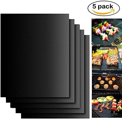 Jarsant Grill Mat Set of 5 100% Non-stick BBQ Grill & Baking Mats FDA-Approved, PFOA Free, Reusable and Easy to Clean - Works on Gas, Charcoal, Electric Grill and More - 16.16 x 12.99 Inch Black