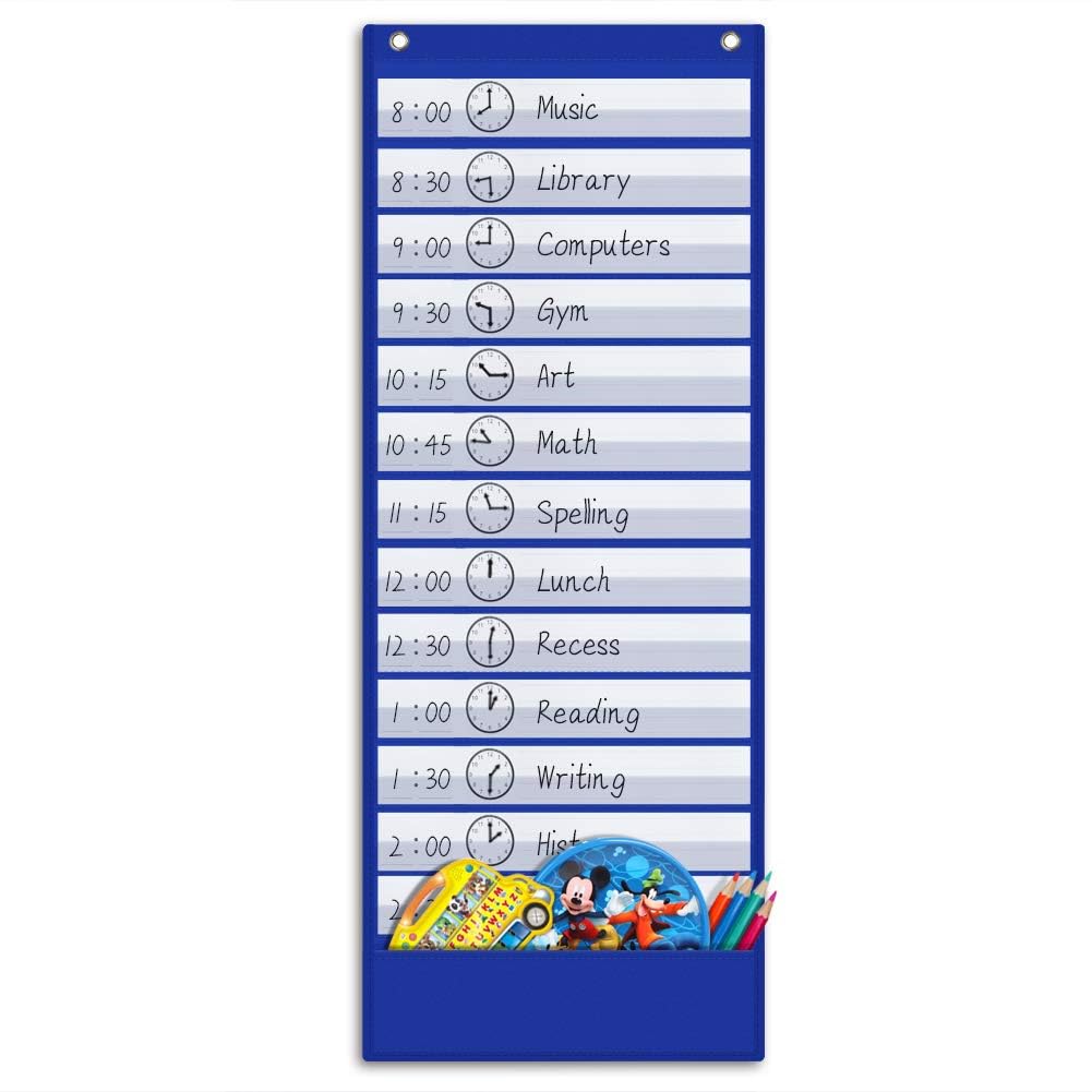 Photo 1 of ZKOO Daily Schedule Pocket Chart, School Schedule Pocket Chart with 18 Blank Double-Sided Reusable Cards, Teaching Scheduling Pockets Charts for Classroom 13+1 Pockets (Blue)