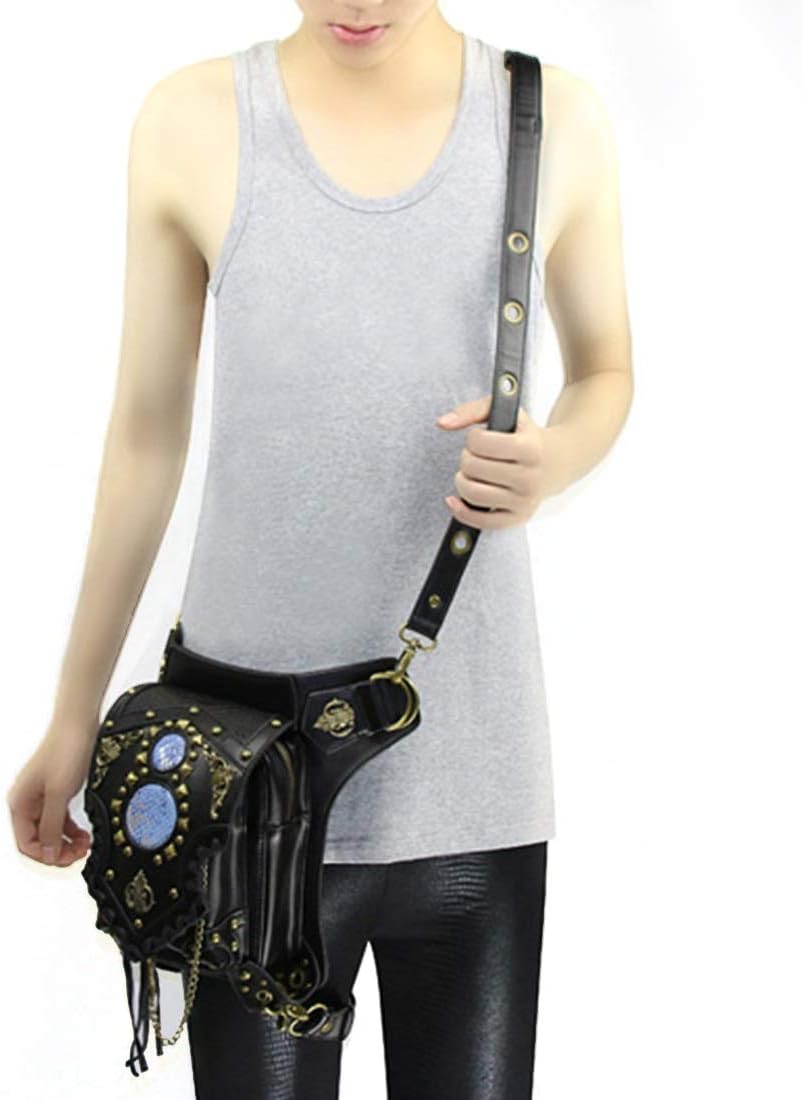 Cvthfyky Men's Gothic Steampunk Leather Multi-purpose Tactical Drop Leg Arm Waist Bag Pack Belt Hiking Fanny Messenger Shoulder Black (Color : Style1)