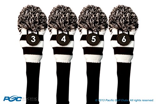 Majek #3, 4, 5, & 6 Hybrid Combo Pack Rescue Utility Black & White Golf Headcover Knit Pom Pom Retro Classic Vintage Head Cover