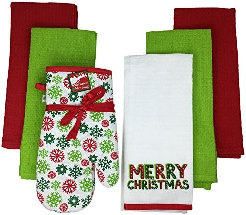 Holiday Dish Towel and Oven Mitt, Set of 6 (Merry Christmas- White Mitt)