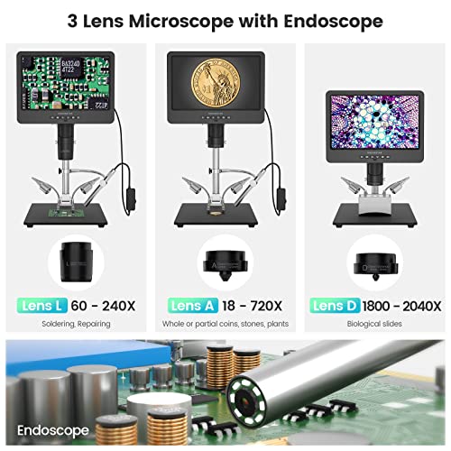 Andonstar AD249S-M HDMI 3 Lens 2000x Digital Microscope with 2160P UHD Endoscope 10.1" LCD Video Recording Soldering Electron Microscope for Coins Biology