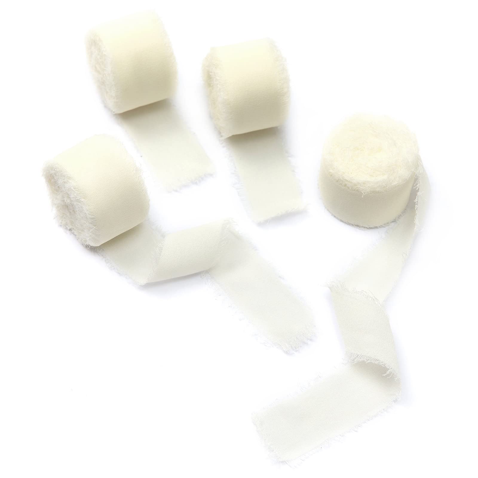 Photo 1 of 4 Rolls Cream White Handmade Fringe Chiffon Silk Ribbon 1" W x 5Yd Per Roll,Frayed Edges Ribbon Set for Gifts Wrapping,Wedding Invitations,Bouquets,DIY Crafts (1" x20Yd, Cream White)