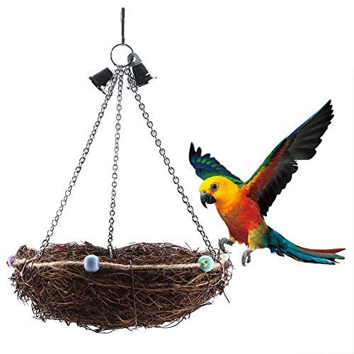 Premium Natural Rattan Bird Nest Cage Toy with 2 Metal Bells for Budgies Parakeets Cockatiels - Chewable Biting Perching Swing Toy for Small Birds (27x12cm)