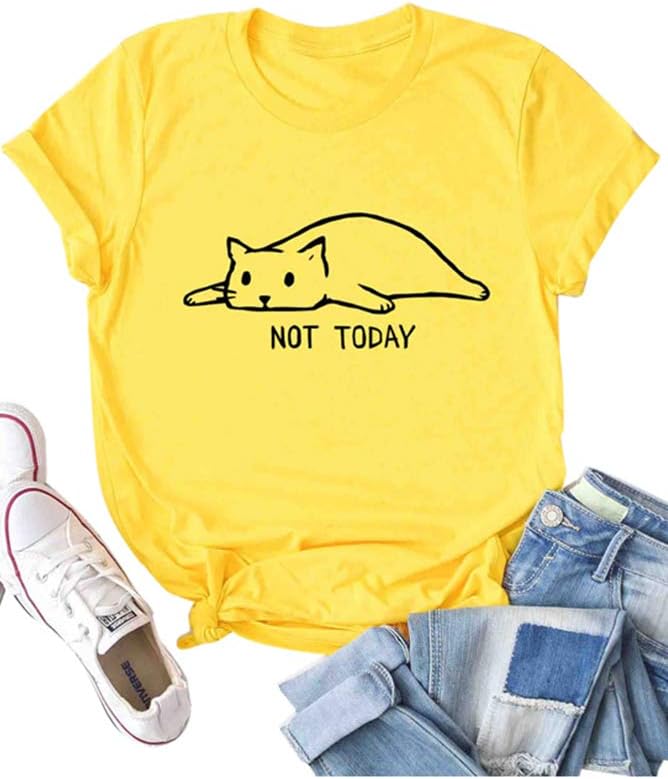 Plus Size Cute Cat Not Today Short Sleeve Tops for Girls Yellow XL
