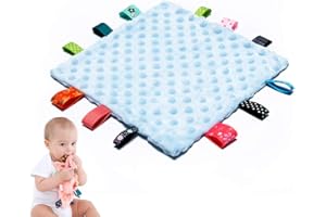 ANJEEIOT Baby Tags Security Blankets - Baby Soothing Plush Blanket with Colorful Tags, 10"x10" Square Sensory Toys, Lovey for 3 Months+ Babies Boys and Girls (Blue)