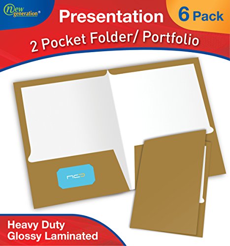 New Generation - GOLD - 2 Pocket Folder, Durable Heavy Duty UV Glossy Laminated, Business Presentation Portfolio Hold Letter Size sheets with a die-cut business card holder,6 Folders per Pack (GOLD)