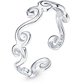 Amberta Adjustable 925 Sterling Silver Toe Ring for Women | Wave Hearts Flower Dolphin Crown Leaf Boho Foot Jewelry