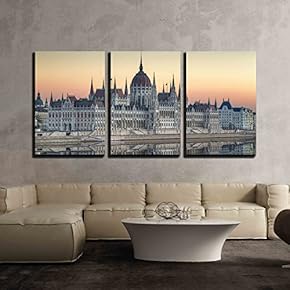 3 Piece Canvas Wall Art - View of Hungarian Parliament Building, Budapest - Modern Home Art Stretched and Framed Ready to Hang - 16"x24"x3 Panels