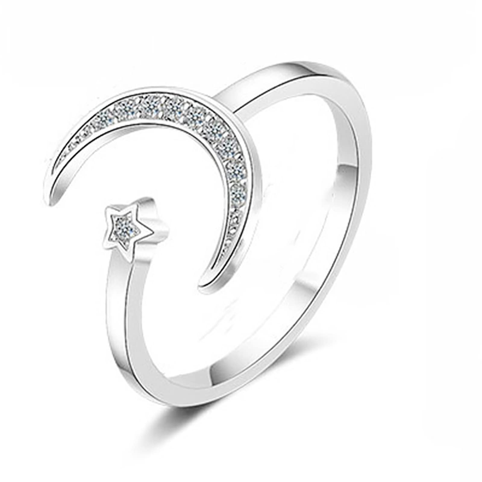 Dishowme Star Moon Crescent Ring Crystal Halfmoon Finger Ring Adjustable Hand Jewelry for Women