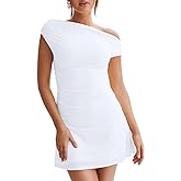 LAGSHIAN Women's Summer Off Shoulder Trendy Ruched Stretch Bodycon Cocktail Party Flare Mini Dress