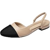 PTNOKA Women's Square Cap Toe Slingback Flats Two Toned Low Heel Pumps Comfortable Work Dress Shoes