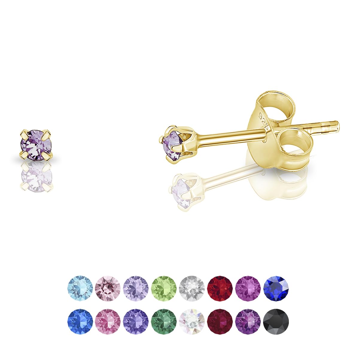 Solitaire Stud Earrings 925 Sterling Silver Gold Plated 24K - Tiny Gold Studs 2 mm - Minimalist Sparkle Stud Earrings with Violet Crystal