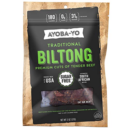 Ayoba-Yo Biltong. Grass Fed, Tender Beef Snack. Better than Jerky. Keto Certified, Paleo Certified and Whole30 Friendly. High Protein Steak Cuts. Made with Premium Meat. Gluten & Sugar Free. 2 Ounce