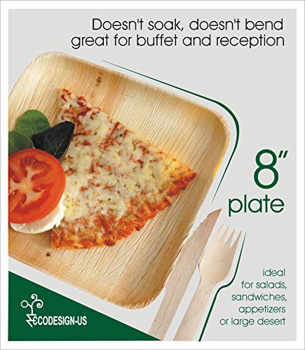 Party Pack of 150 Eco-Friendly Dinnerware - 50 Disposable 8" Square Palm Leaf Plates, 50 Wood Forks, 50 Wood Knives
