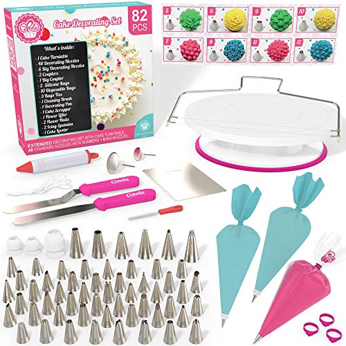 Cakebe 82 pcs Cake Decorating Kit - Cake Decorating Supplies with Cake Turntable - Extended Baking Supplies Kit with 54 Numbered Decorating Tips and Cake Leveler - Includes Pattern Chart - Thumbnail 7