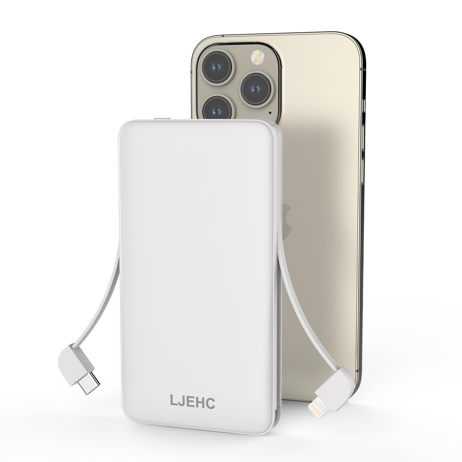 Photo 1 of 10000mAh Slim Power Bank with Built in Cable,Thin Lightweight Portable Phone Charger,4 Output USB C Travel Essentials External Battery Pack Clutch Charger for iPhone,Samsung,Android,Heated Vest,White