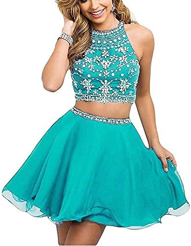 HEAR Women's Two Pieces Chiffon Homecoming Dresses Halter Beaded Rhinestone Short Prom Gown Open Back WWW666