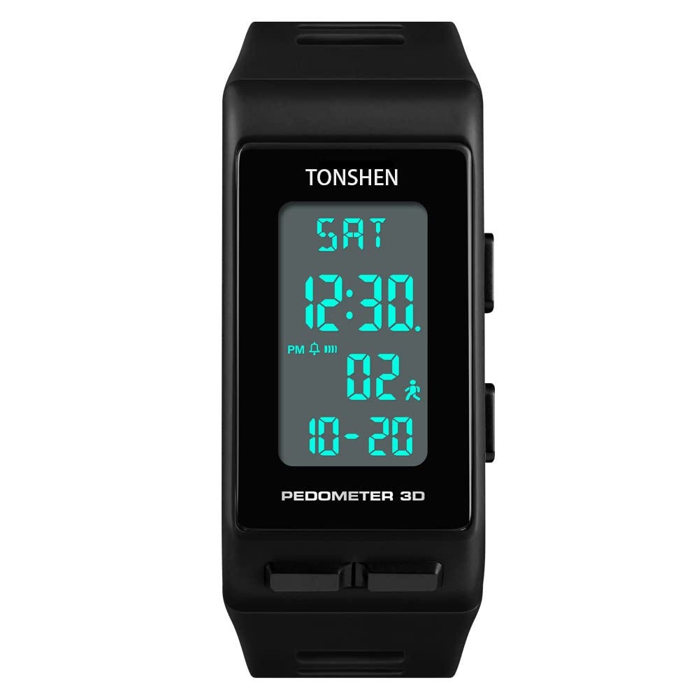 TONSHEN Unisex Outdoor Sport Digital Watch for Men and Women Multifunction Pedometer Calories LED Backlight Stopwatch Rectangular Plastic Case with Rubber Band Wrist Watches for Fitness (Black)