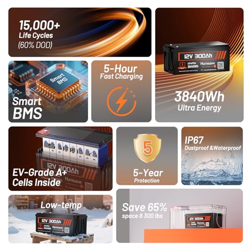 HumsiENK 12V 300Ah LiFePO4 Battery 2-Pack, 7680Wh Deep Cycle Lithium Battery with Bluetooth, Low-Temp Protection, 200A BMS (2560W Output), 15000 Cycles for RV, Solar, Marine and Off-Grid