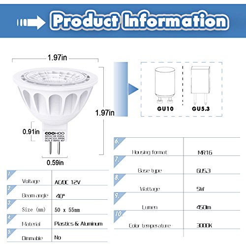 MR16 LED Light Bulbs with GU5.3 Base 50W Equivalent Halogen Replacement Warm White 3000K 5W 12V Spotlight with 450 Lumens 6 Packs by COOWOO