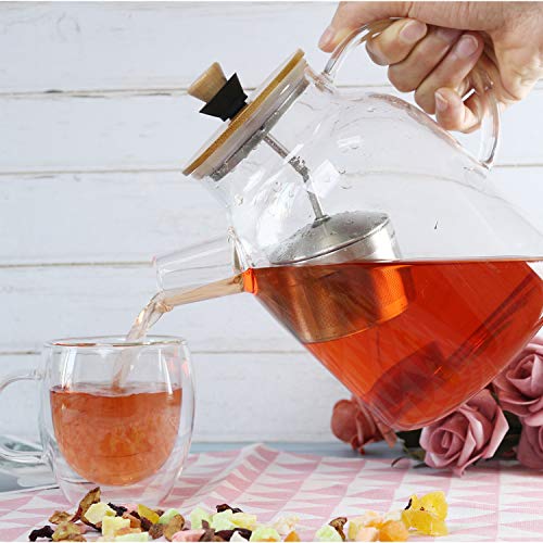 IDEALUX Glass Tea Kettle 64OZ, Large Tea Maker with SUS304 Tea Infuser & Bamboo Lid, Stovetop