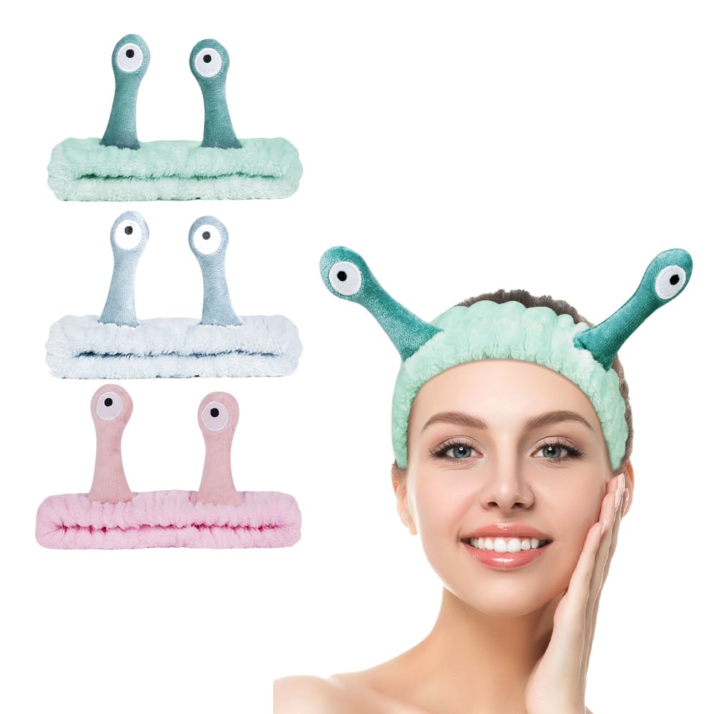 LOPHE Make-up Band, 3-Piece Face Wash Snail & Facial Spa Elastic Headband for Girls and Women, Blue+Pink+Green