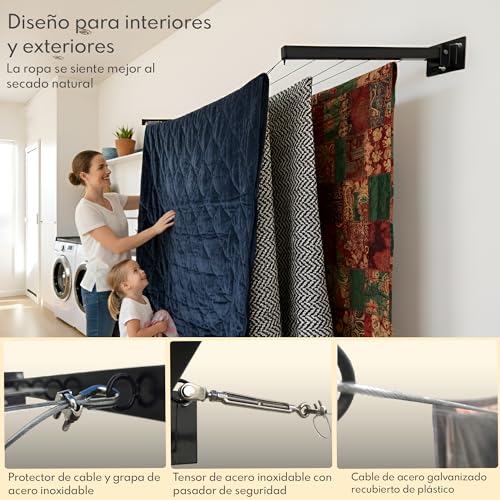 Tendedero de Ropa en Pared con Accesorios de Acero Inoxidable y 5 líneas de Cable de Acero Recubierto de Plástico, Rack para Ropa Grande y Extendible hasta 5 m. Colgador de Ropa Interior y Exterior