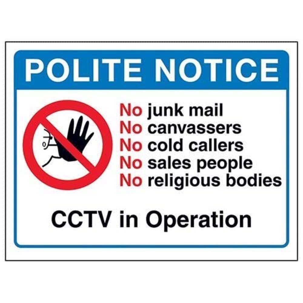 V Safety Polite Notice: No Cold Callers, CCTV In Operation Sign - 150mm x 100mm - Window Sticker
