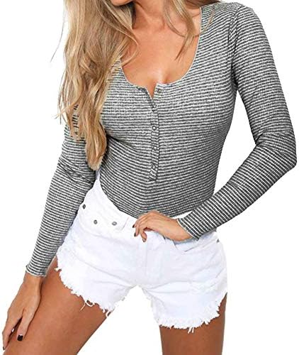 Women Long Sleeves Henley Neck Button Down Bodysuit Ribbed Knit Thong Basic Leotard Top