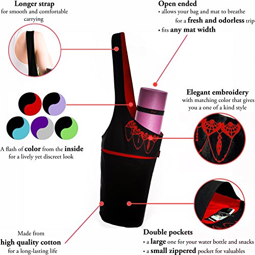 Yoga Mat Bag - Elegant & Embroidered Cotton Tote With 2 Pockets | Wide Sling Carrier With Long Strap & 2 Elastic Mat Bands (Black & Ruby Red)
