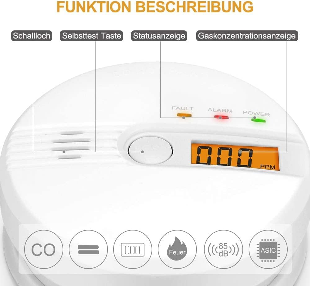 Kohlenmonoxid Warnmelder LCD Anzeige CO Melder 85Db Alarm Kohlenmonoxidsensor Kohlenmonoxid Melder mit Prüftaste Batteriebetrieb(ohne Batterien) GAS-96776 2