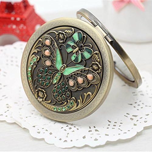 BLUENIVEYY Bronze New Style Flower Bird Double Sides Portable Foldable Pocket Metal Makeup Compact Mirror Woman Cosmetic Mirror,C