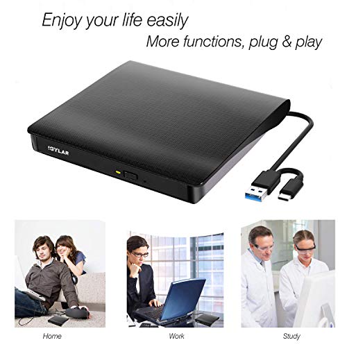 iGylar External CD Drive, USB 3.0 & Type C External DVD CD Player, Plug & Play Burner High Speed Data Transfer DVD Player for Laptop Notebook PC Support Windows/Vista/7/8/10, Mac OS & Linux (Black)