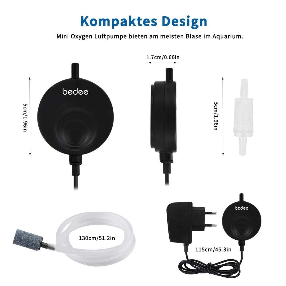 bedee Aquarium Luftpumpe Pumpe Sauerstoffpumpe Mini Oxygen Luftpumpe Aquarium Super Leise Sauerstoff für Aquarium mit Rückschlagventil Schwarz Luftpumpenzubehör Super Leise Luftpumpen