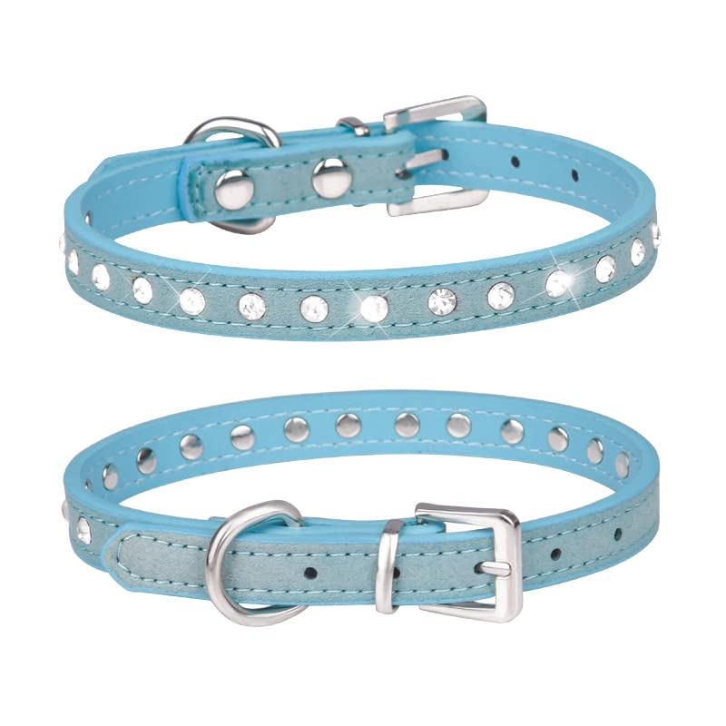 haoyueer Cute Dazzling Sparkling Elegant Fancy Suede Leather 1 Rows Bling Rhinestone Crystal Jeweled Small Pet Cat Dog Puppy Collar … (M, Blue)