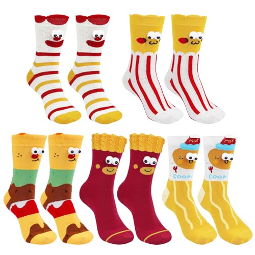 Calcetines Divertidos Gourmet con Ojos 3D Regalo Hombre Mujer, Lindos Hamburguesa Papas Fritas Calcetín Colores Niñas Cómodo y Transpirables 5 Pares 35-42