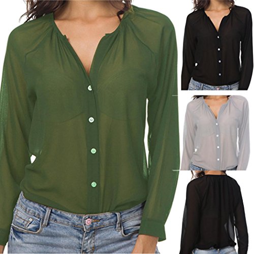 Scaling T Shirts for Womenâ™¥Summer Women Collarless Long Sleeve Button Chiffon Casual Shirt (Gray, S)
