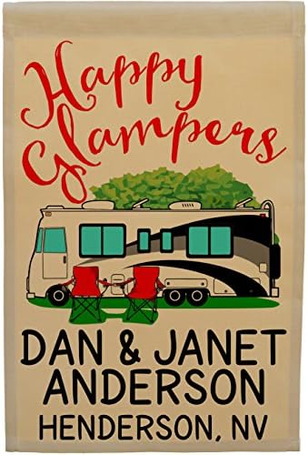 Happy Camper World, Personalized Class A Motorhome, Happy Glampers and 3 Additional Lines of Custom Text, Printed on Tan Fabric (Black/Gray Motorhome)