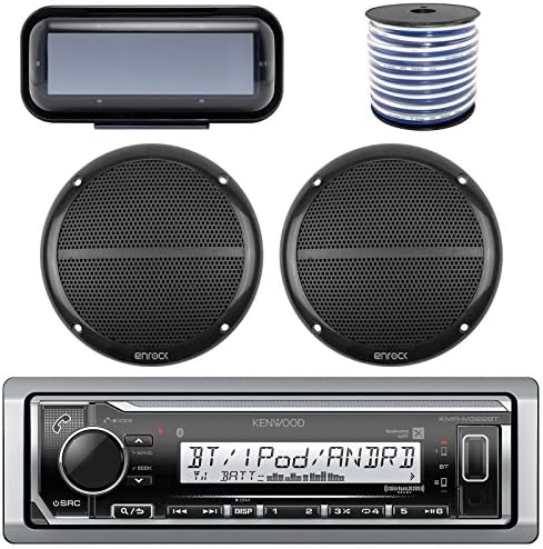 KenwoodSingle DIN Bluetooth Radio In-Dash Marine Audio Receiver Bundle Combo With Pair Of Enrock 6.5" Dual-Cone Stereo Speakers + Stereo Waterproof Cover + 18g 50FT Marine Speaker Wire (Black)