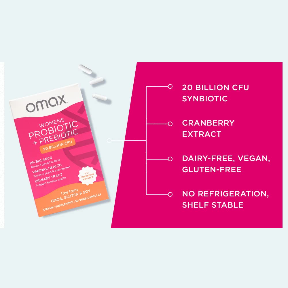 Omax Health Prebiotics and Probiotics Complex for Women, pH Balance, Vag Health, Urinary Tract, Yeast & BV Prevention, Lactobacillus & Bifidobacterium | Vegan, Organic, Gluten Free | 30 Vege-Capsules