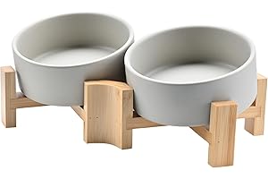SPUNKYJUNKY 15° Slanted Ceramic Dog and Cat Bowl with Wooden Stand, Tilted Bulldog Food and Water Bowl No Slip Non-Spill for Cats Medium Dogs Big Face Pets 13.5 OZ (1.7 Cups, Grey × 2)