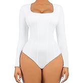 FeelinGirl Seamless Tummy Control Bodysuit Thong Basic Square Neck Slimming Tops for Women Shaping Thong